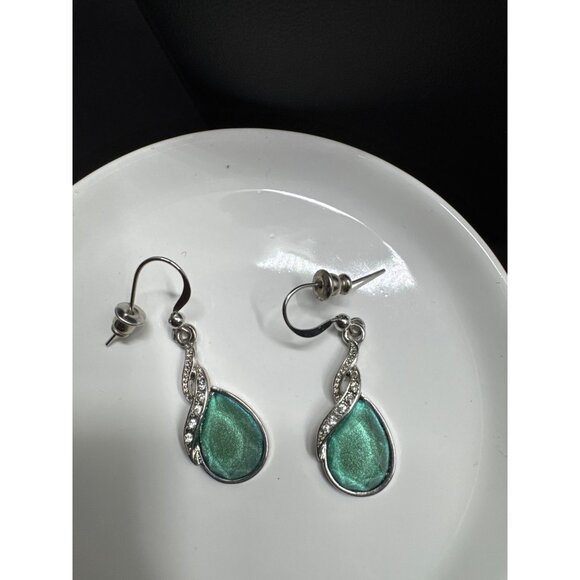 Green Teardrop Pendant Necklace & Earrings Set With Rhinestones - Picture 2 of 10